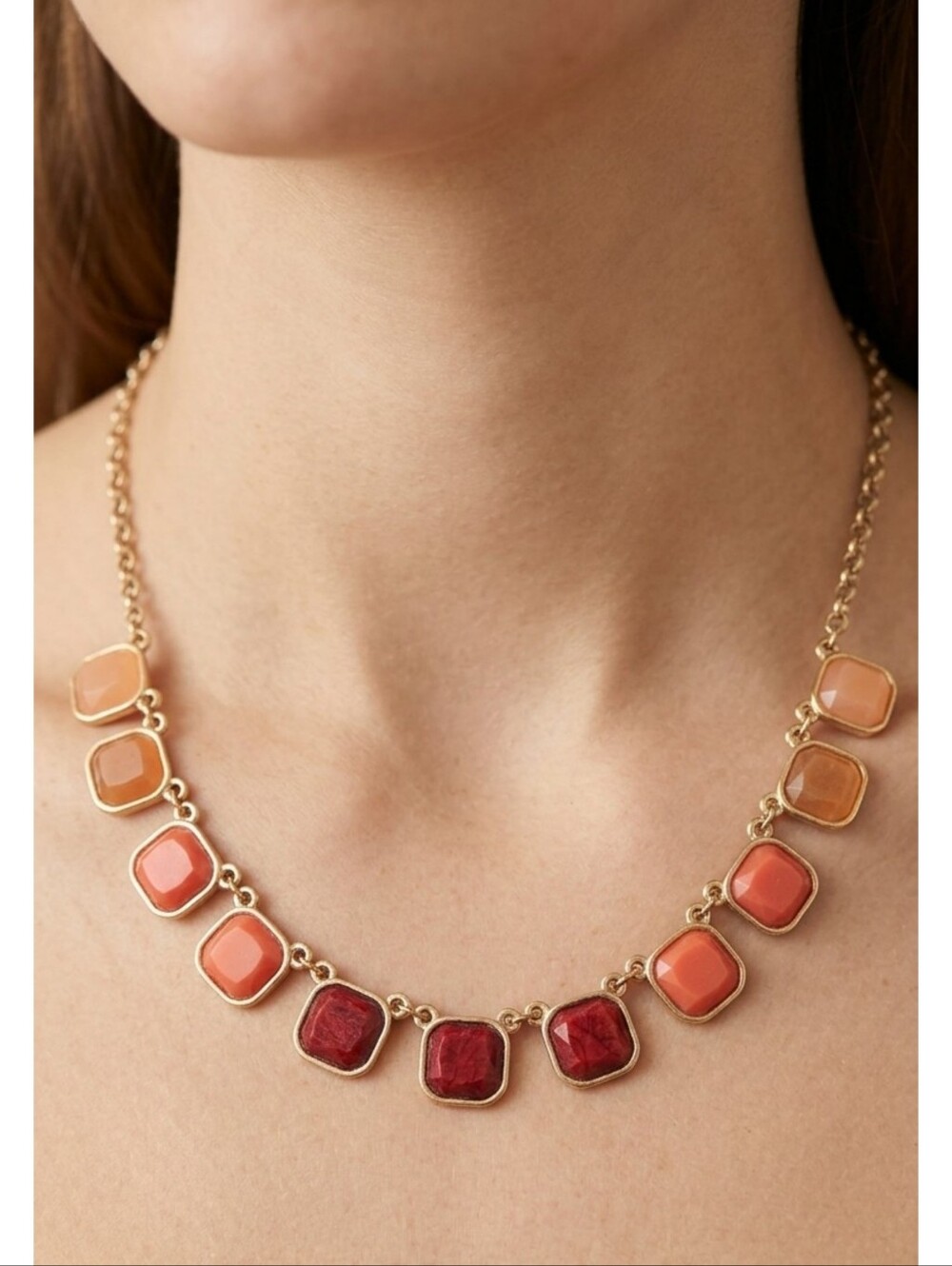 Chaps Bib Stone Necklace Coral & Gold